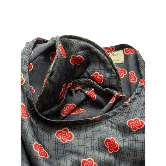 Christian Dior Vintage Satin Blouse Blue Red Print Long Slv Banded Waist Size 8 - Picture 8 of 11